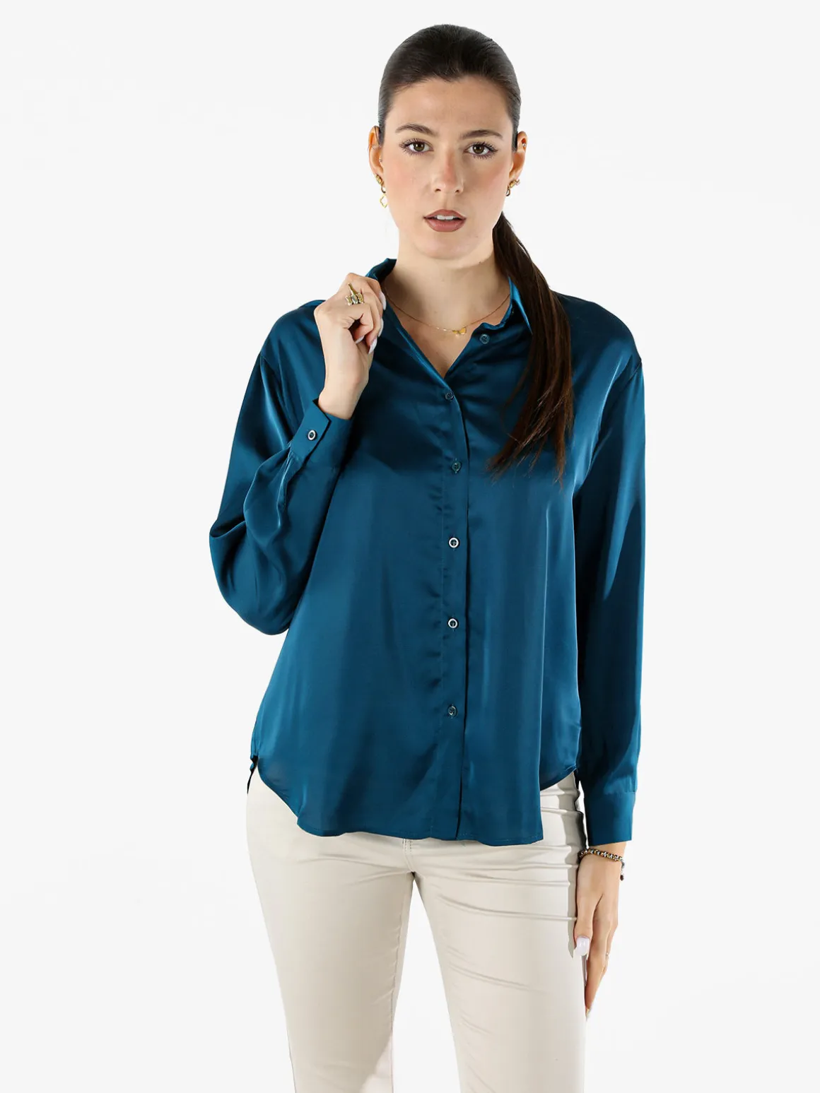 Solada Camicia donna a maniche lunghe in tessuto simil raso - ottanio