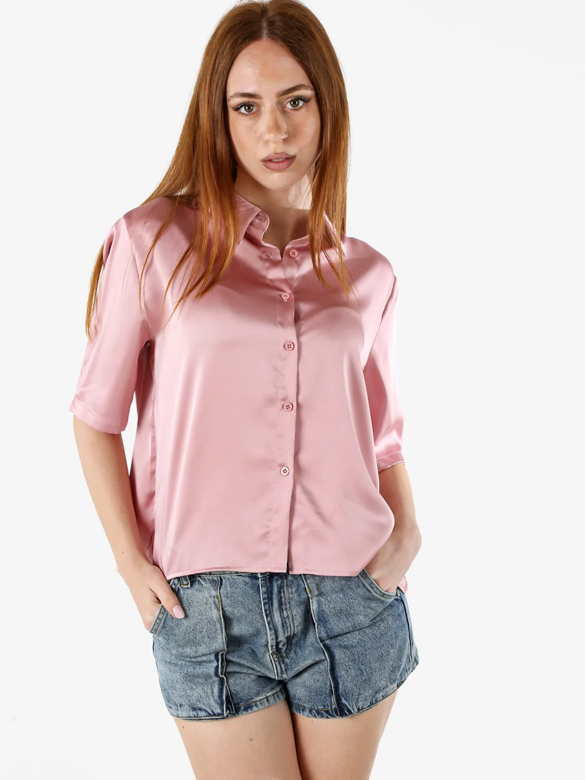 Solada Camicia donna a maniche corte effetto raso - rosa