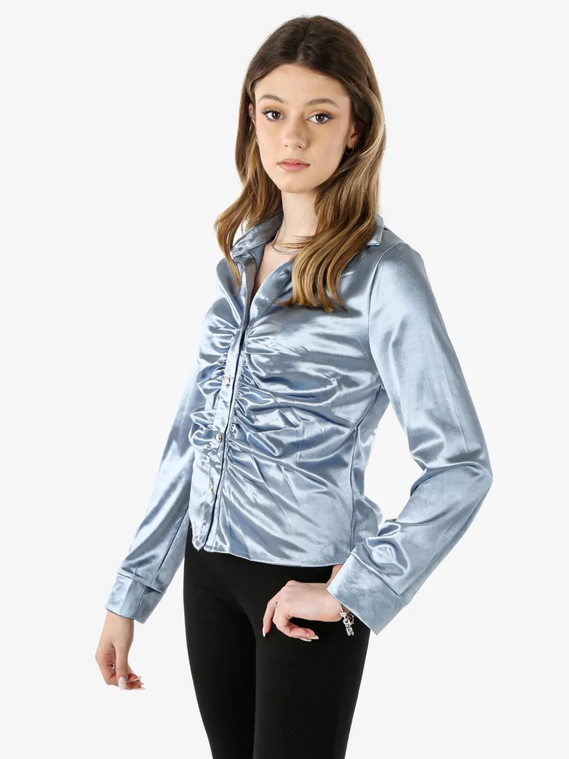 Solada Camicia donna a maniche lunghe effetto raso - azzurro