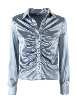 Solada Camicia donna a maniche lunghe effetto raso - azzurro