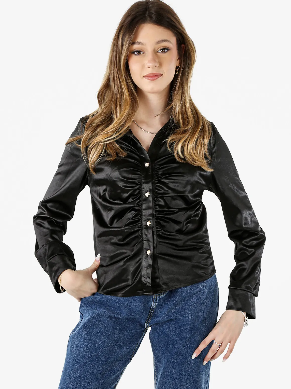 Solada Camicia donna a maniche lunghe effetto raso - nero