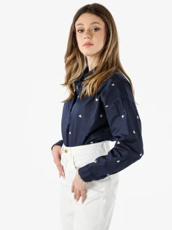 Solada Camicia donna a maniche lunghe in misto cotone con stampa cuori - blu scuro