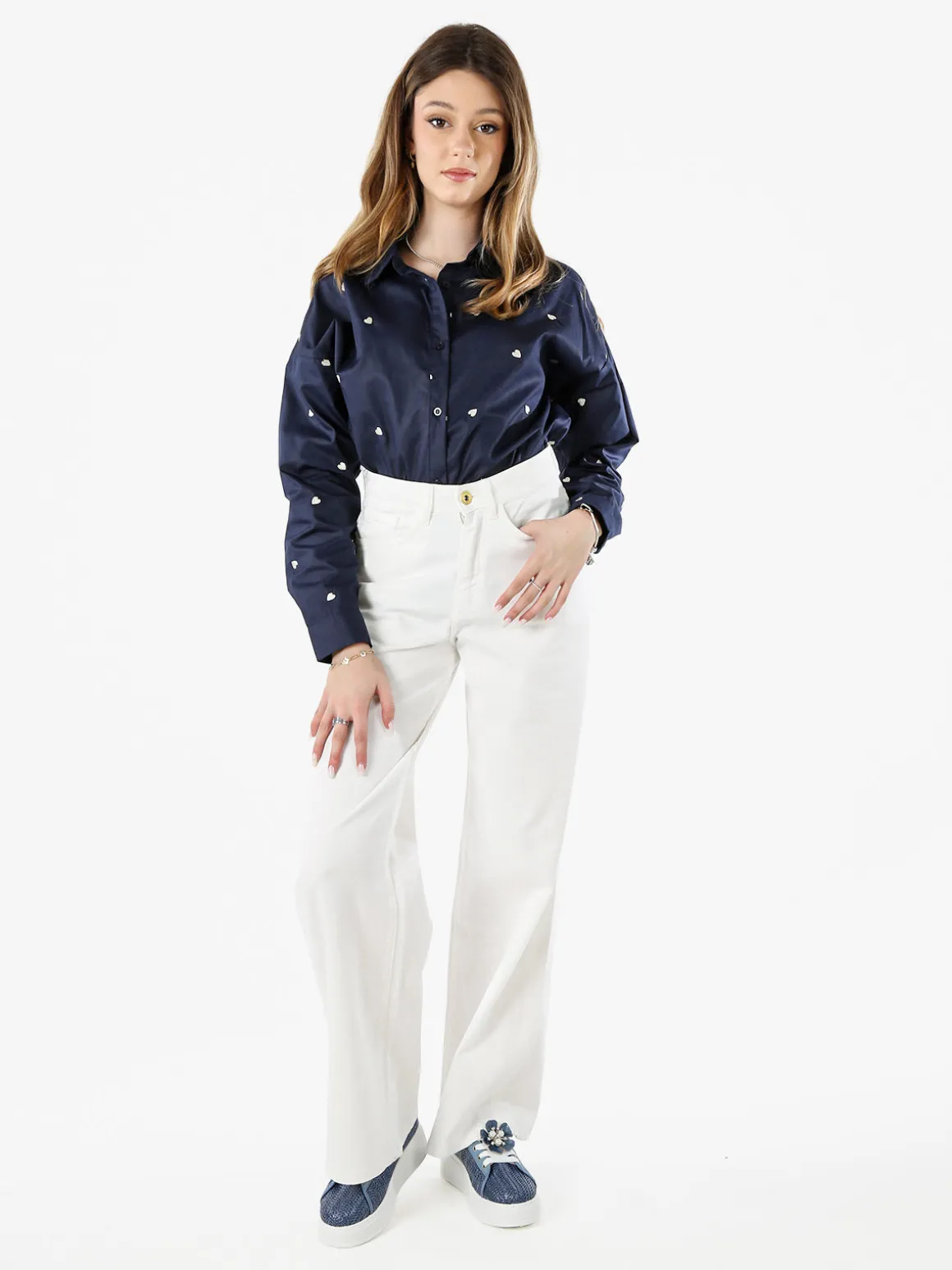 Solada Camicia donna a maniche lunghe in misto cotone con stampa cuori - blu scuro