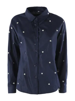 Solada Camicia donna a maniche lunghe in misto cotone con stampa cuori - blu scuro
