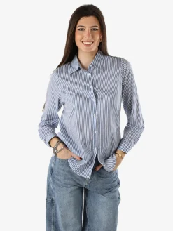 Solada Camicia donna a maniche lunghe in cotone con righe verticali - azzurro