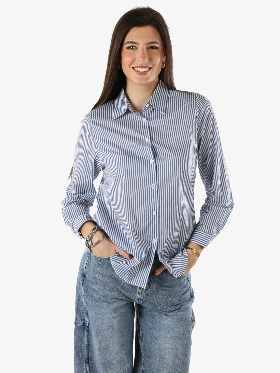 Solada Camicia donna a maniche lunghe in cotone con righe verticali - azzurro