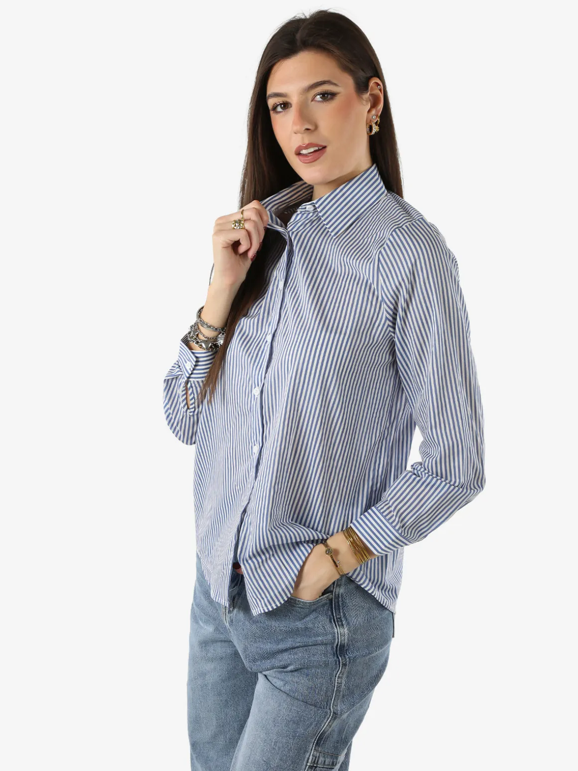 Solada Camicia donna a maniche lunghe in cotone con righe verticali - azzurro