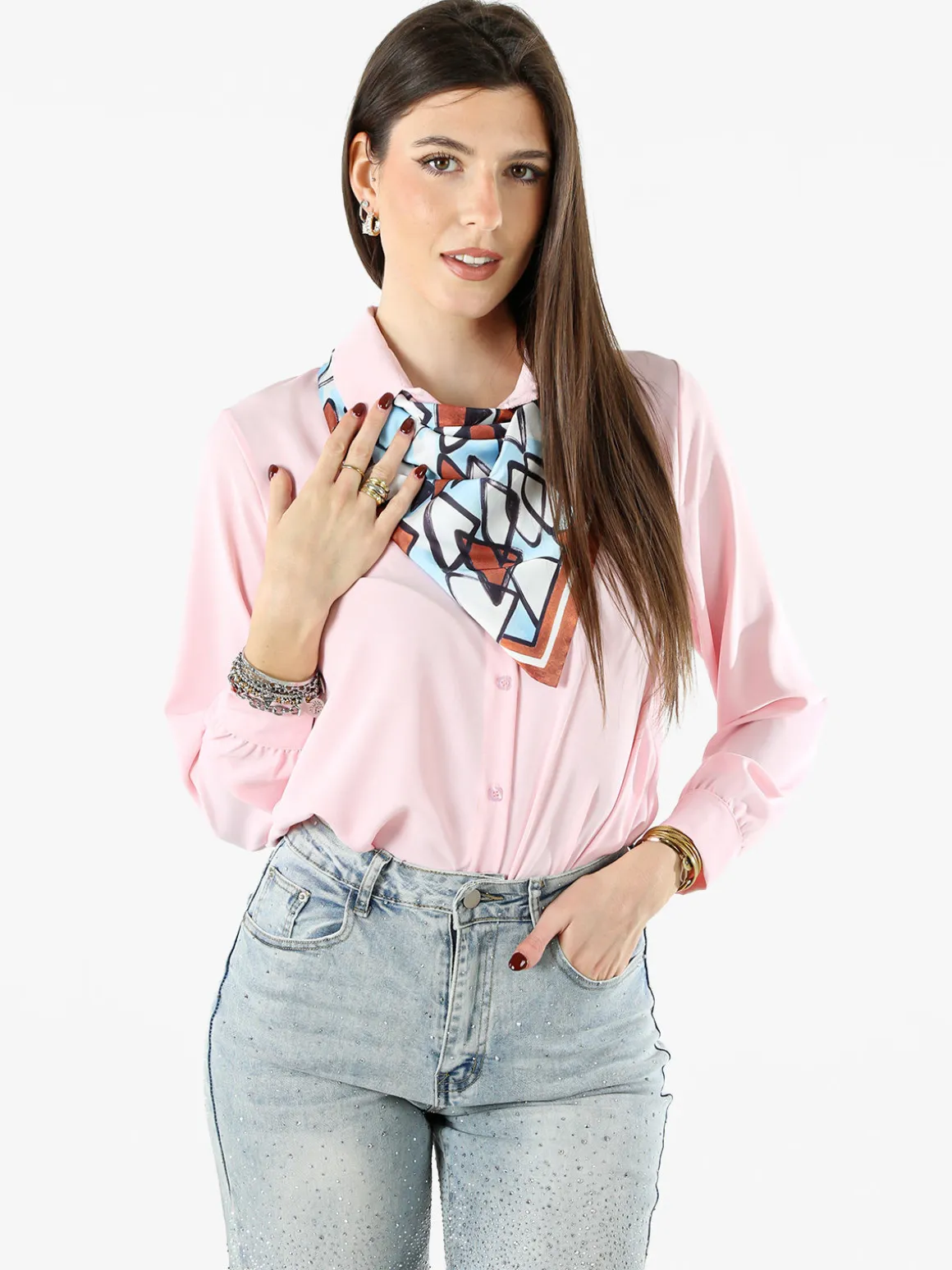 Solada Camicia donna a maniche lunghe con foulard colorato - rosa