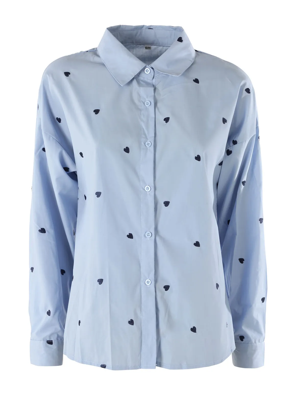 Solada Camicia donna a maniche lunghe in misto cotone con stampa cuori - azzurro