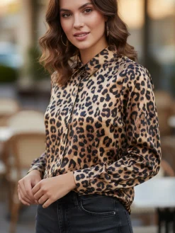 Solada Camicia donna animalier a maniche lunghe - cammello