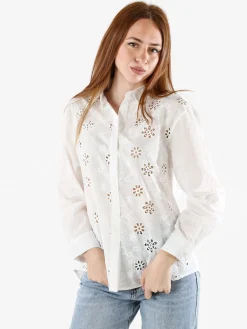 Solada Camicia donna in cotone a maniche lunghe con ricami traforati - bianco