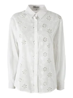 Solada Camicia donna in cotone a maniche lunghe con ricami traforati - bianco