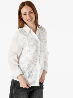 Solada Camicia donna in cotone a maniche lunghe con ricami - bianco
