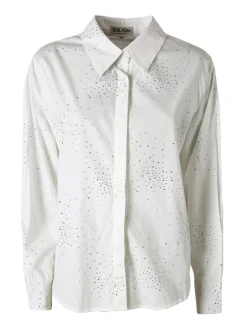 Solada Camicia donna in cotone a maniche lunghe con strass - bianco