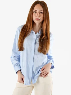Solada Camicia donna in cotone a maniche lunghe con bottoni coperti - azzurro