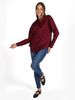 Solada Camicia donna in cotone oversize a maniche lunghe - bordeaux