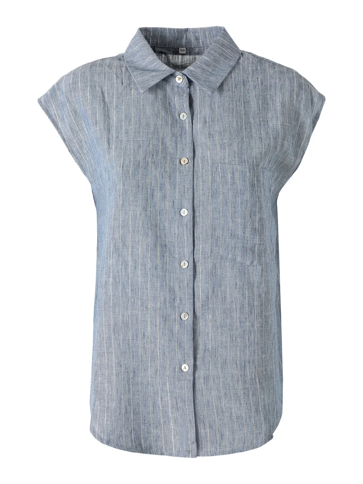 Solada Camicia donna in misto lino e cotone senza maniche a righe verticali - azzurro