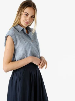 Solada Camicia donna in misto lino e cotone senza maniche a righe verticali - azzurro