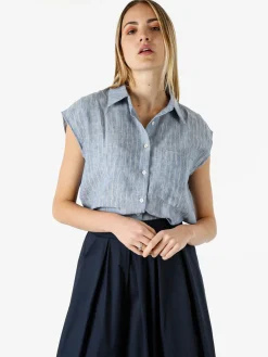 Solada Camicia donna in misto lino e cotone senza maniche a righe verticali - azzurro