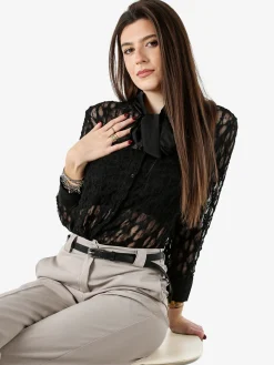 Solada Camicia donna in pizzo a maniche lunghe con dettagli effetto raso - nero