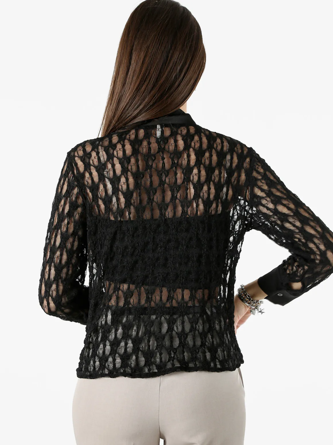 Solada Camicia donna in pizzo a maniche lunghe con dettagli effetto raso - nero