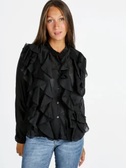 Solada Camicia donna maniche lunghe con volant - nero