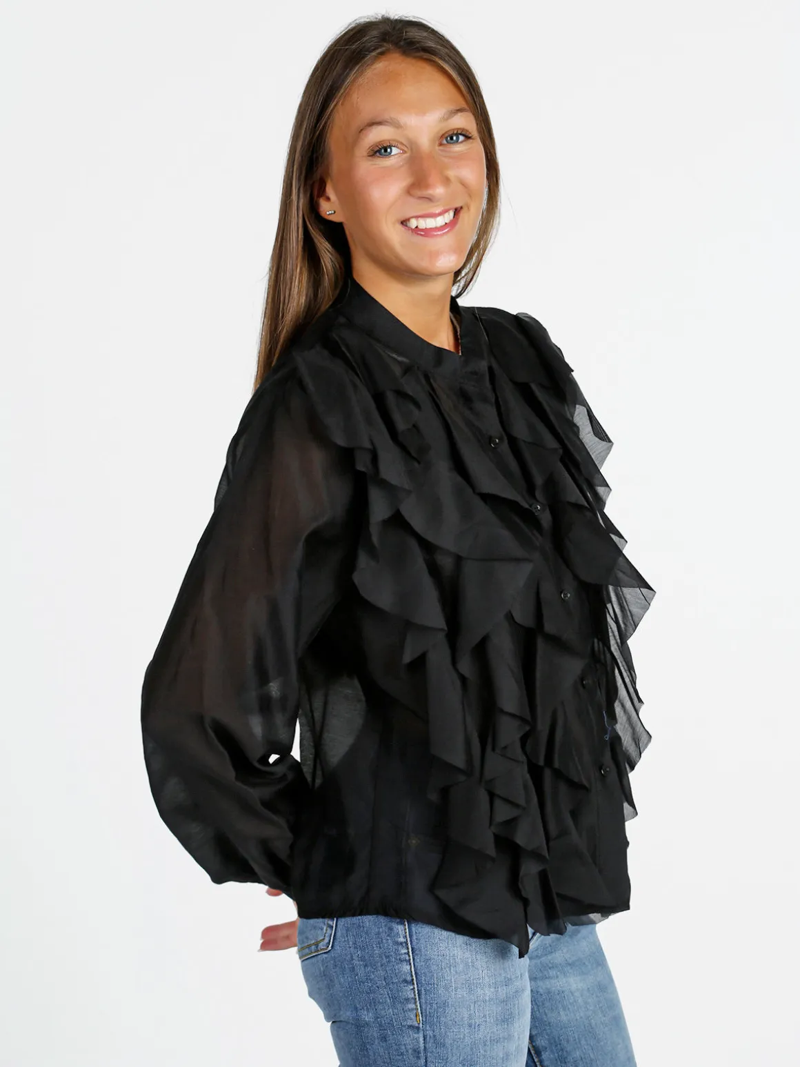 Solada Camicia donna maniche lunghe con volant - nero