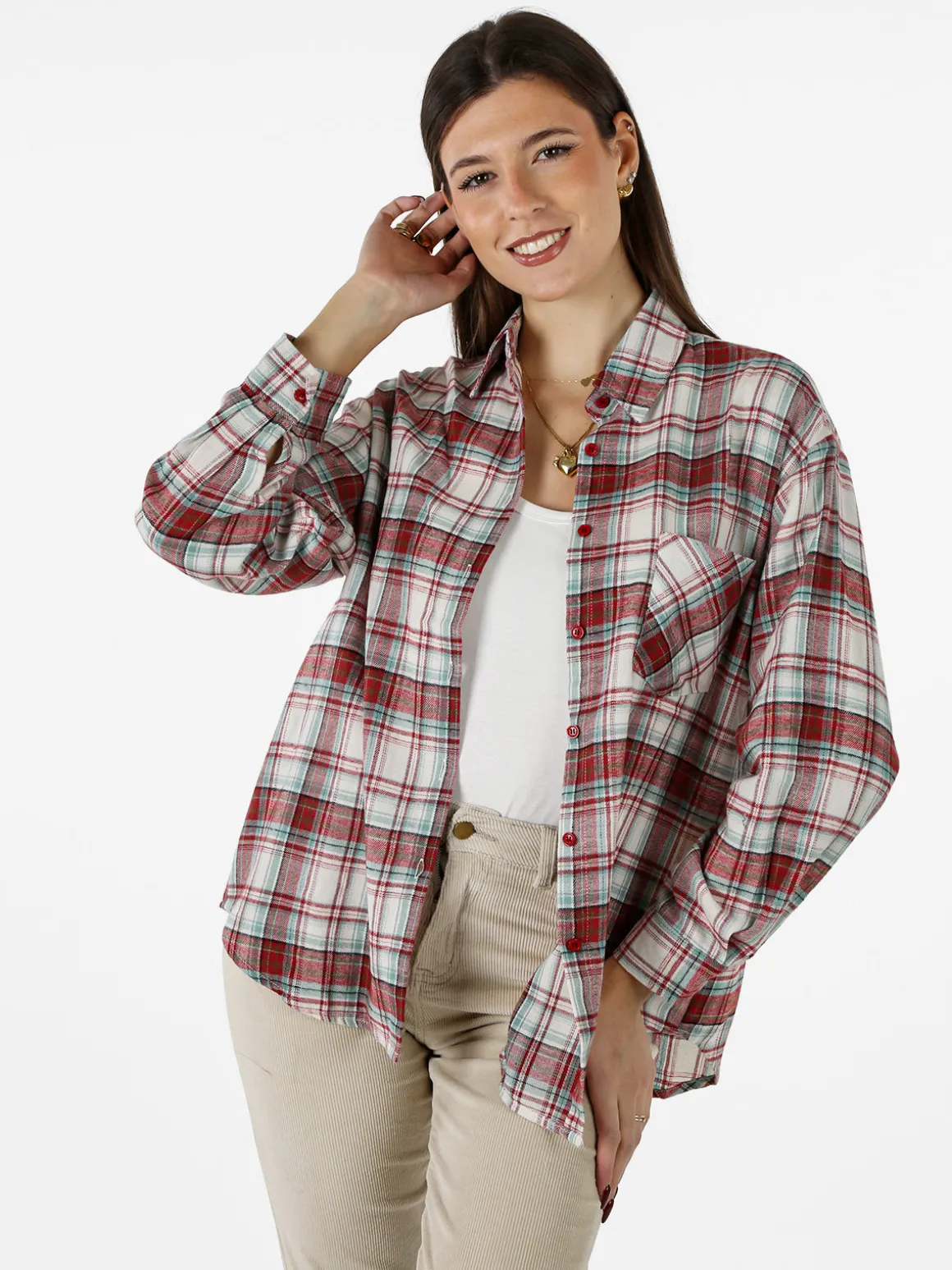 Solada Camicia donna oversize a quadri in flanella - rosso
