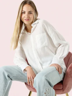 Solada Camicia donna oversize a maniche lunghe con micro borchie - bianco