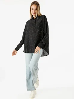 Solada Camicia donna oversize a maniche lunghe con micro borchie - nero
