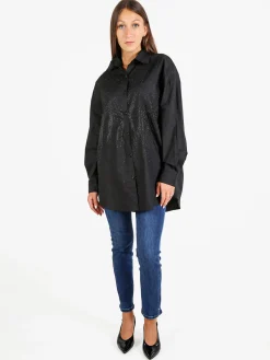 Solada Camicia donna oversize con strass a maniche lunghe - nero