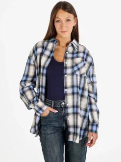 Solada Camicia donna oversize a quadri con stampa orsacchiotto sul retro - blu