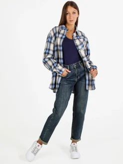 Solada Camicia donna oversize a quadri con stampa orsacchiotto sul retro - blu