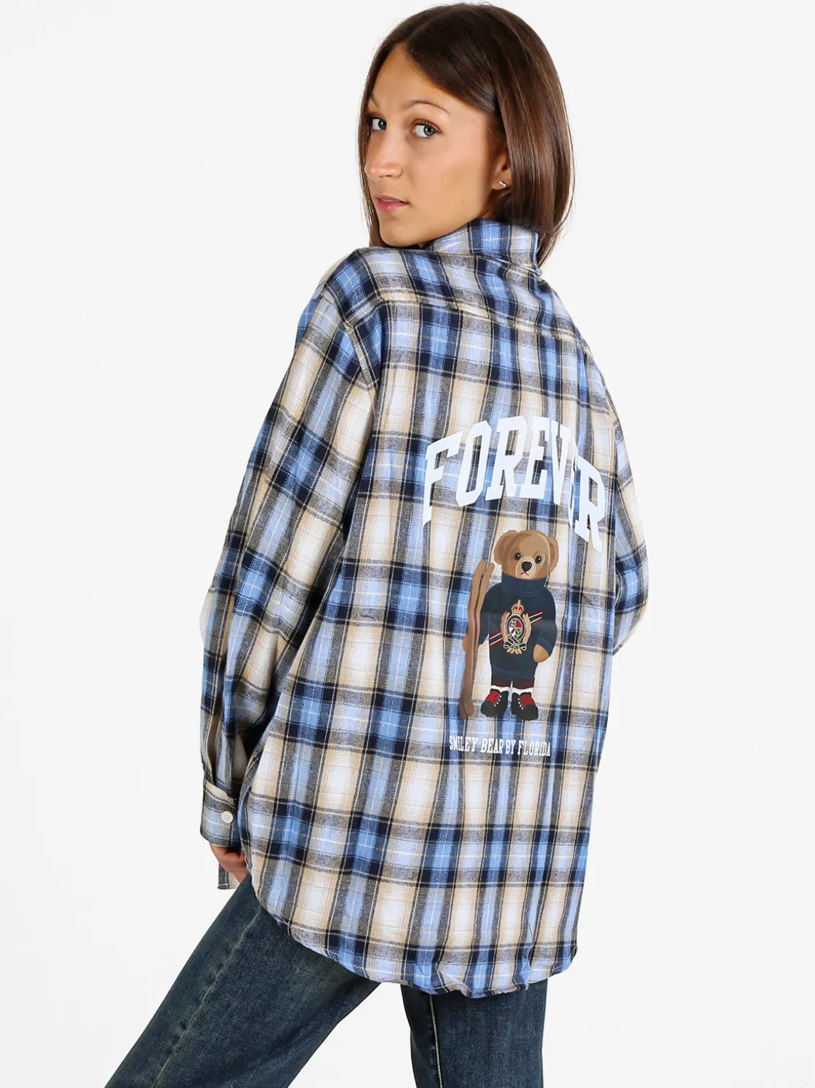 Solada Camicia donna oversize a quadri con stampa orsacchiotto sul retro - blu