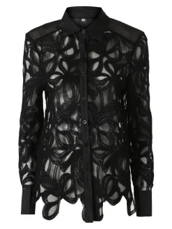 Solada Camicia donna ricamata in pizzo a maniche lunghe - nero