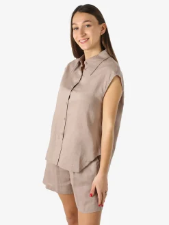 Solada Camicia donna smanicata in misto lino - khaki