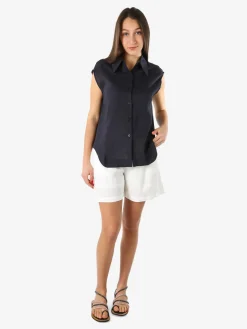 Solada Camicia donna smanicata in misto lino - blu scuro