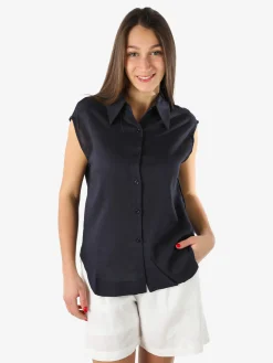 Solada Camicia donna smanicata in misto lino - blu scuro