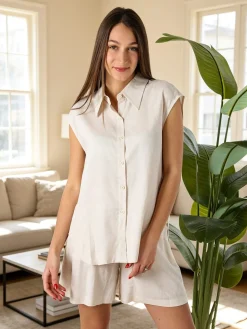Solada Camicia donna smanicata in misto lino - beige
