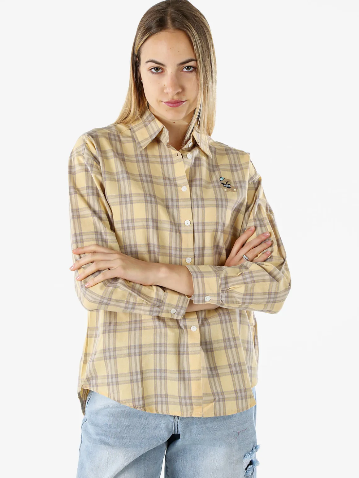 Solada Camicia in cotone da donna a quadri con maniche lunghe - giallo