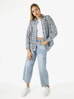 Solada Camicia in cotone da donna a quadri con maniche lunghe - azzurro