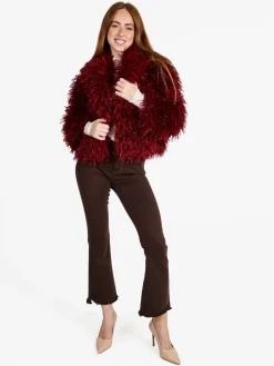 Solada Cappotto corto donna in ecopelliccia mongolia - bordeaux