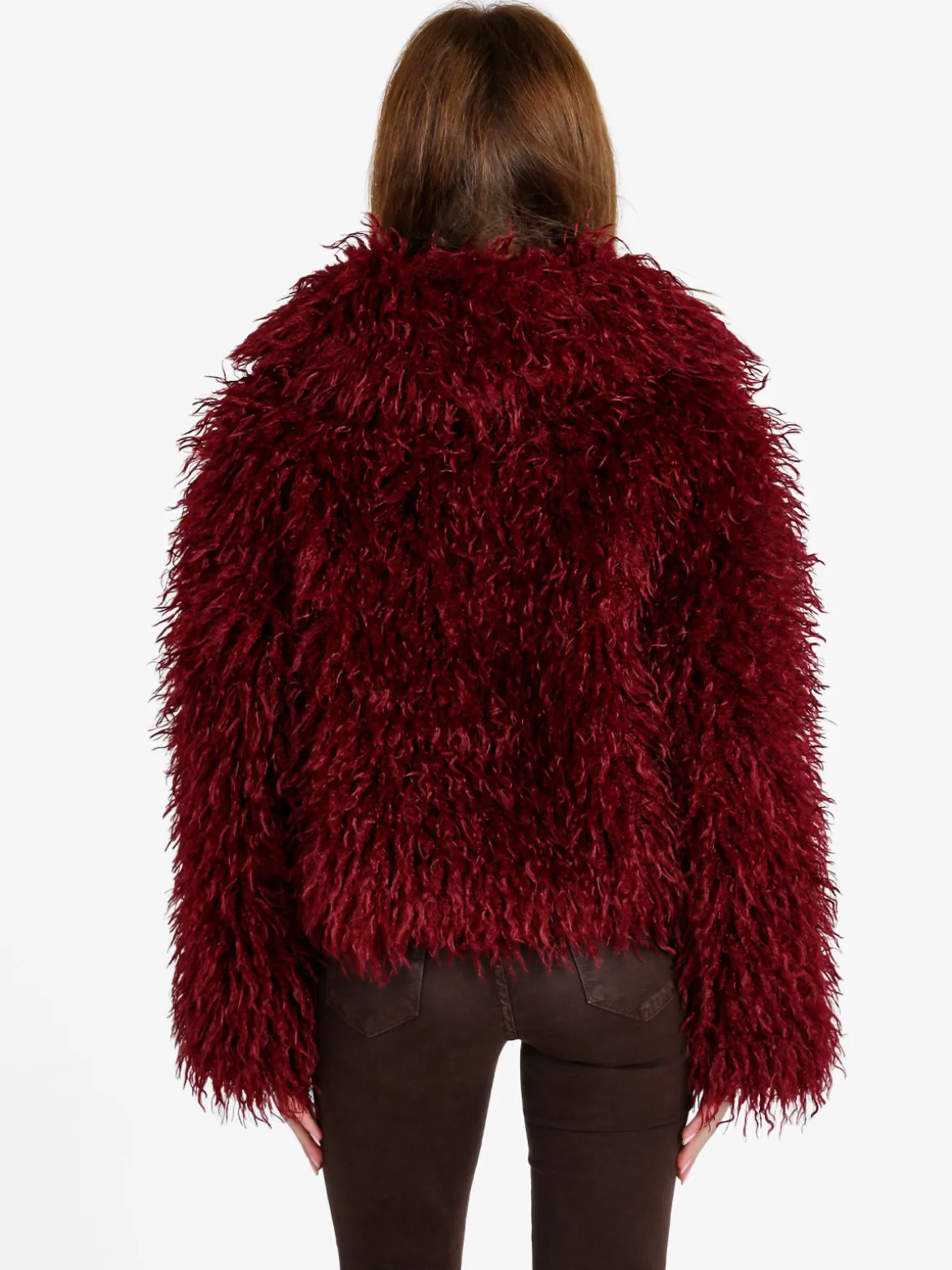 Solada Cappotto corto donna in ecopelliccia mongolia - bordeaux