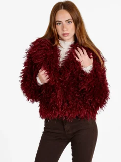 Solada Cappotto corto donna in ecopelliccia mongolia - bordeaux