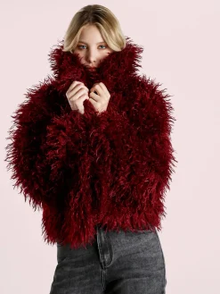 Solada Cappotto corto donna in ecopelliccia mongolia - bordeaux