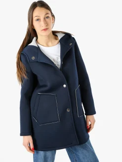 Solada Cappotto da donna in panno con bottoni e cappuccio - blu scuro