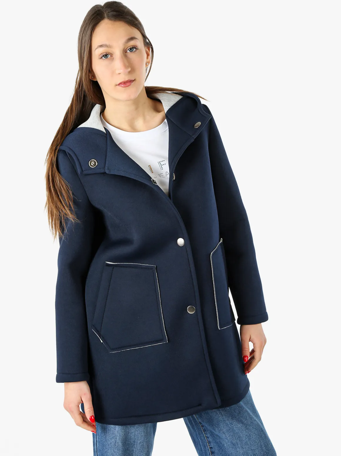 Solada Cappotto da donna in panno con bottoni e cappuccio - blu scuro