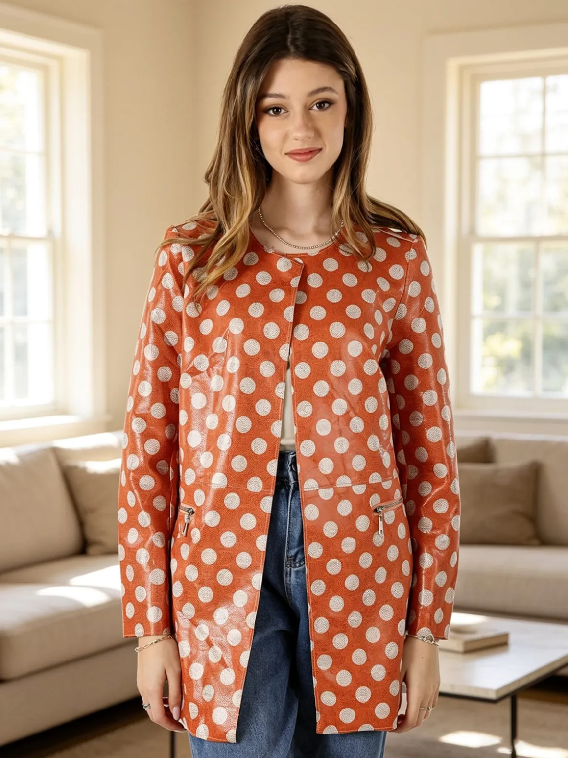 Solada Cappotto donna con stampe a pois senza chiusura - arancione