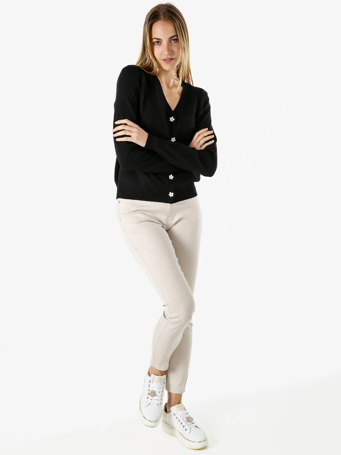 Solada Cardigan donna con bottoni eleganti a fiore - nero