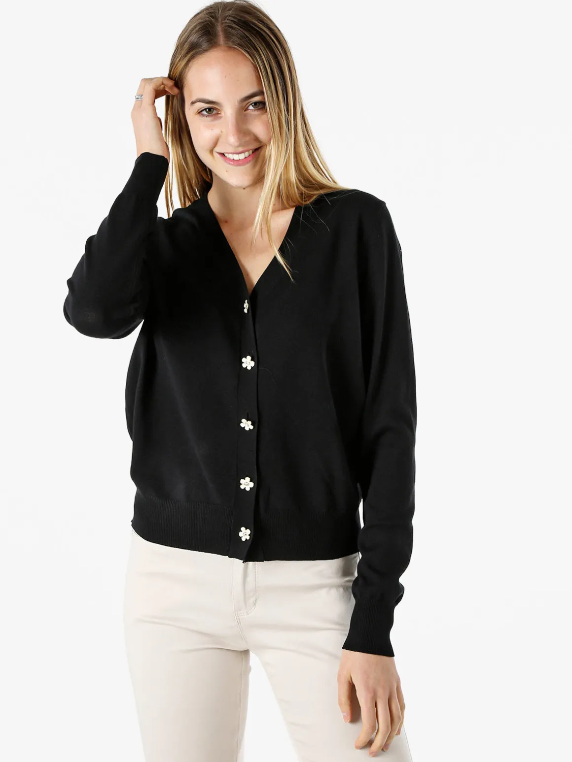 Solada Cardigan donna con bottoni eleganti a fiore - nero